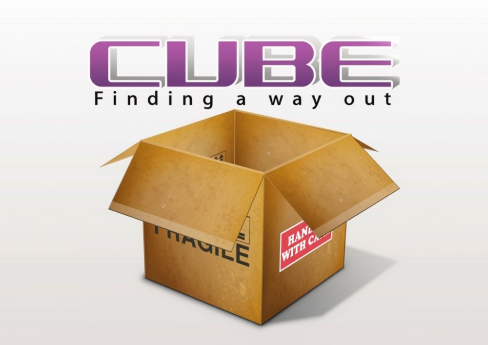 Cube television programme logo: purple CUBE lettering, the words Finding a way out, and a cardboard box illustration