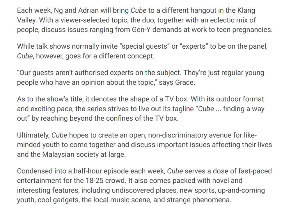 The Star archival feature “Cube on the tube”, 3 October 2010: excerpt explaining the format of Cube
