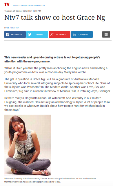 The Star archival article “Ntv7 talk show co-host Grace Ng”, 21 October 2010
